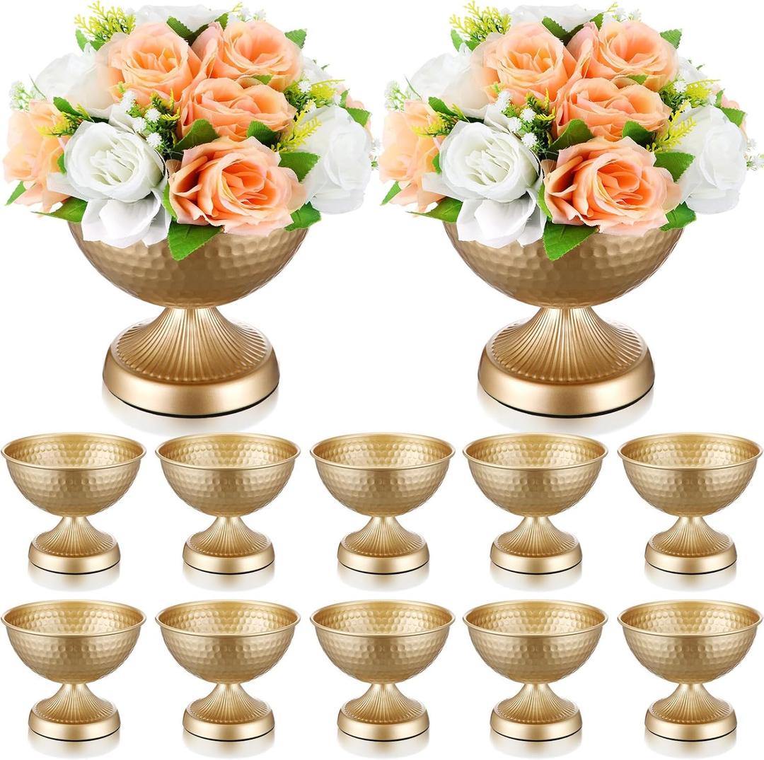 12 Pcs Gold Urn Vases for Centerpieces 6 Inch Hammered Compote Bowl Vases Set for Wedding Vintage Metal Vase Table Decoration with Anti-Slip Mat for Christmas Anniversary Party