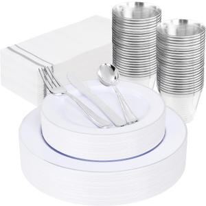 SUT 175 Piece Silver and White Plastic Dinnerware Set for 25 Guests, Disposable Plastic Plates, Include: 25 Dinner Plates, 25 Dessert Plates, 25 Pre Rolled Napkins with Silver Silverware, 25 Cups