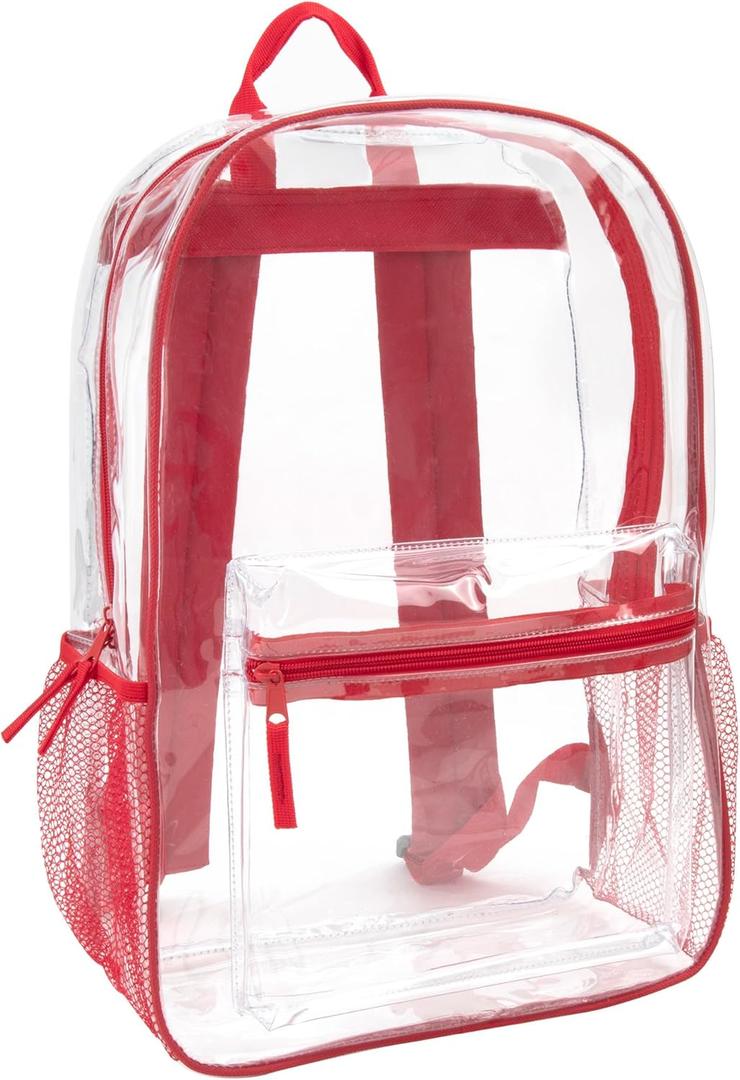 Trail maker Clear Backpack Heavy Duty with Padded Straps, Side Pockets for Kids, Boys, Girls, School, Stadium Approved Events (Red)