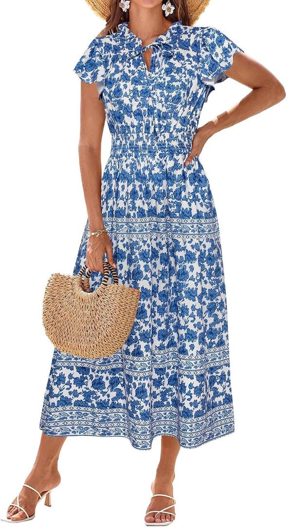 GRACE KARIN Women's Floral Boho Dress Hawaiian Dresse Short Sleeve V Neck Summer Beach Wedding Guest Swing Maxi Sundress (Blue, M)