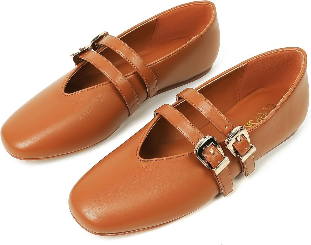 Mary Jane Shoes for Women Mesh Ballet Flats with Adjustable Double Buckle Strap Comfortable Slip On Dress Shoes for Daily