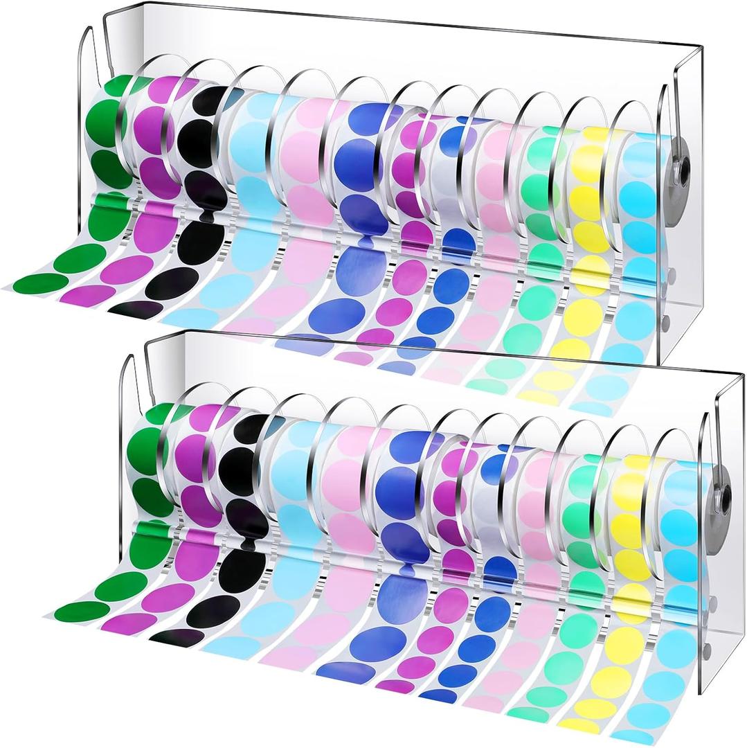 2 Pcs Adjustable Label Dispenser Sticker Roll Holder Sticker Dispenser Clear Label Roll Holder Acrylic Tape Decal Container Organizer Tape Stand for Office Home Desktop (12 Disks)