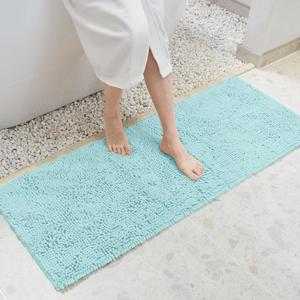 TECHMILLY Soft Fluffy Chenille Bathroom Rugs, Non Slip Absorbent Bath Mats for Bathroom, Washable and Quick Dry, Light Blue, 20" x 47"
