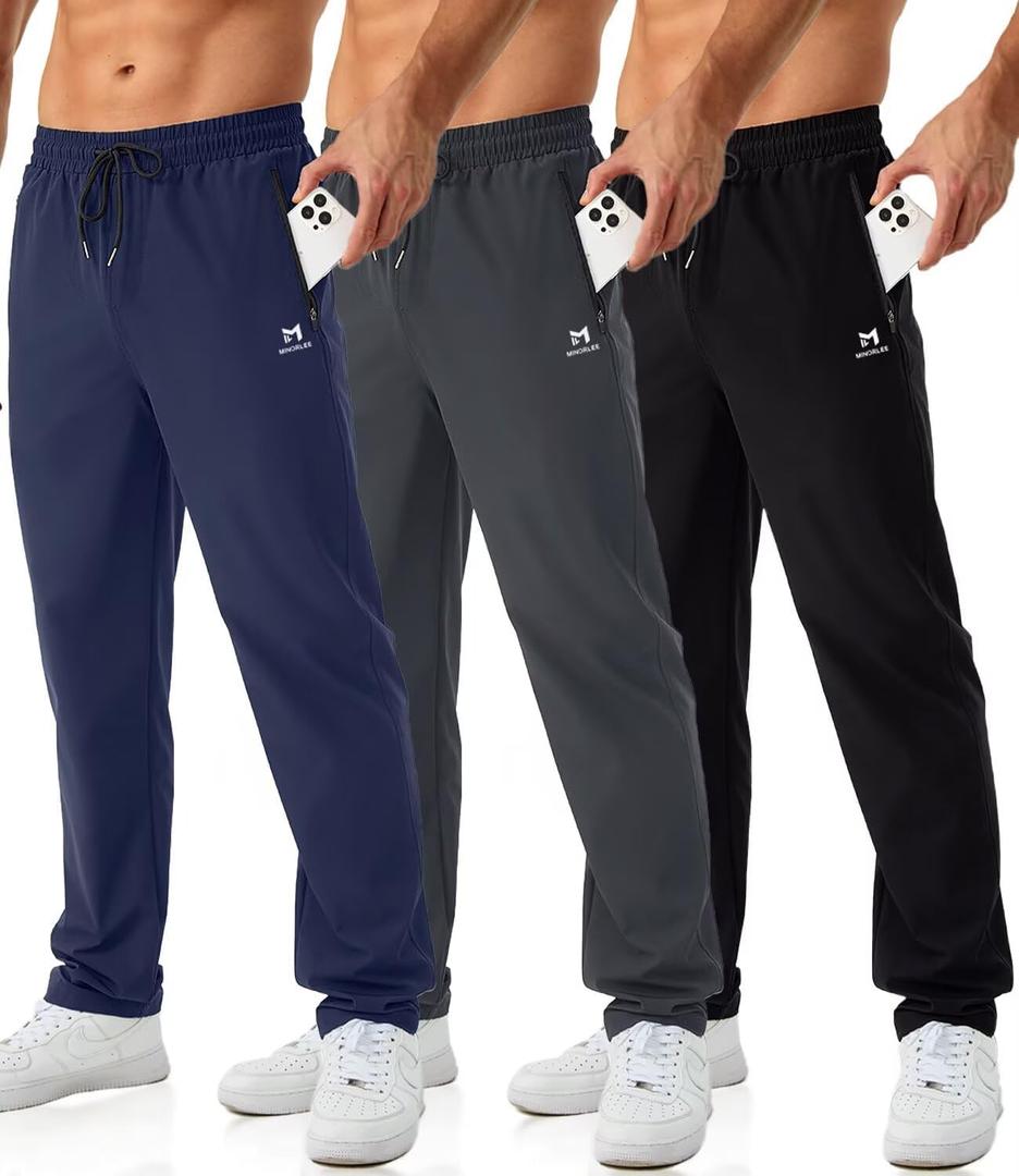 Mens Joggers with Zipper Pockets Open Bottom Sweatpants for Men 3 Pack Lightweight Track Pants Men for Workout,Gym (X-Large, Black,Dark Gray,Navy)