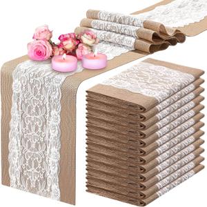 Chumia 12 Pack Burlap Table Runners with Lace 12 x 72 Inch Long Rustic Jute Natural Hessian Burlap Table Runner for Farmhouse Style Country Vintage Wedding Party Dinner Decoration(Classic Style)