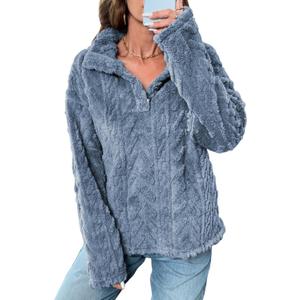BLENCOT Womens Casual Button Down Collar Pullover Fleece Sweatshirt Long Sleeve Tops Warm Sherpa Coat Jacket Pockets (Blue, M)