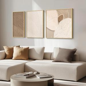 Framed Neutral Abstract Wall Art for Living Room, Large Modern Brown Cream Artwork for Walls, 3 Piece Boho Minimalist Canvas Paintings Wall Decor for Kitchen, Bedroom, Home Office - Total 24" x 52"