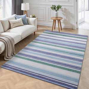 3x5 Area Rug for Bedroom, Washable Stripe Rugs with Non-Slip Backing for Living Room, Indoor Low-Pile Throw Carpet for Kitchen Dining Room Laundry Office Home Decor, Blue