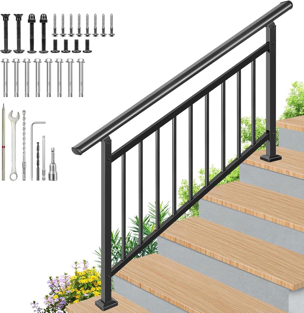 Upgrade Adjustable 5 Steps Handrail, 63"x38" Stair Railing Kit, Railings for Stairs Indoor and outstair, Hand Rails for Porch Railing, Deck Hand Railing, 5 Steps Handrails for Outdoor Steps