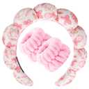 Zkptops Spa Headband for Washing Face Wristband Set Sponge Makeup Skincare Velvet Fabric Bubble Soft Get Ready Hairbands for Women Puffy Headwear Non Slip Thick Thin Hair Accessory(Pink Bow)