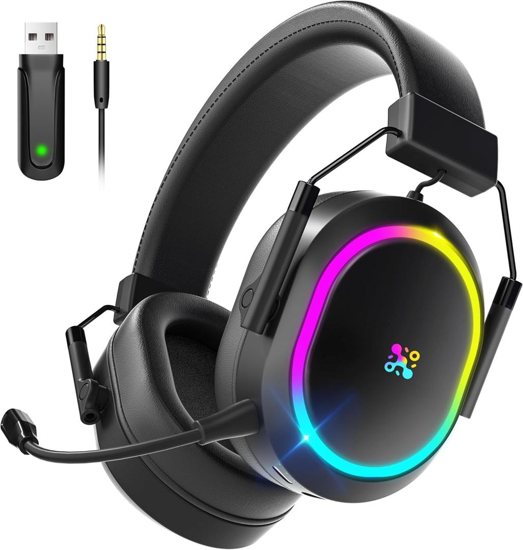 Wireless Gaming Headset for PS5 PS4, Bluetooth 2.4GHz Headphones with Noise Cancelling Mic, 23ms Low Latency Audio, 50+ Hrs & Surround Sound Memory Foam for Switch, Laptop, Mobile, Mac (rgb black)