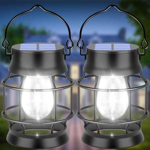 UBright 2 Pack Solar Lantern Lights Outdoor Waterproof Metal Hanging Solar Lights for Outside Lanterns Decorative Outdoor for Patio Porch Garden Lawn, Cool White