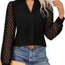 GRACE KARIN Women Business Casual Tops Sheer Lace Long Sleeve Blouses Work Office Pleated V Neck Shirt Fall Formal Outfits Black, Large