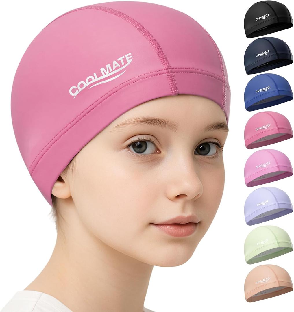 COOLMATE Fabric Swim Cap for Adult Women Men Kid 3 4 6 8 14 16, Silicone Water-Resistant Layer, Cloth Swim Cap Gifts for Swimmers, Lightweight and Comfortable for Pool, Lap Swimming (Dark Pink, XS)