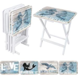 Sintuff Coastal Beach TV Trays Set of 4 with Stand Cape Craftsmen Mermaid Folding Wooden Decorative TV Tray Dinner Tables Farmhouse for Eating on Couch Snack Home Supplies