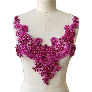 Handmade Rhinestones lace Applique handsewing Beads Trim Patches Neckline for Dress Clothes Accessory (Pink)