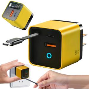 3 in 1 GaN Charger,80w Fast Charger Adapter with Type-C Cable & 2 USB Ports,Multi-Functional Retractable All in one Charger for Phone,Tablets,laptops (Yellow)