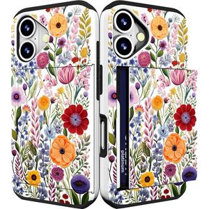 Compatible for iPhone 16 Plus Case Cute with Card Holder Shockproof Slim Slot Phone Wallet Cover for Women/Watercolor Summer Blooming Floral Flower Meadow Natural