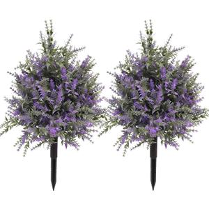 FJAKA 2Pcs Artificial Lavender Plants Outdoor Topiary Ball Tree with Ground Spike, Faux UV Resistant Artificial Shrubs, Indoor and Outdoor Fake Purple Tree for Porch, Garden, Front Door Decoration