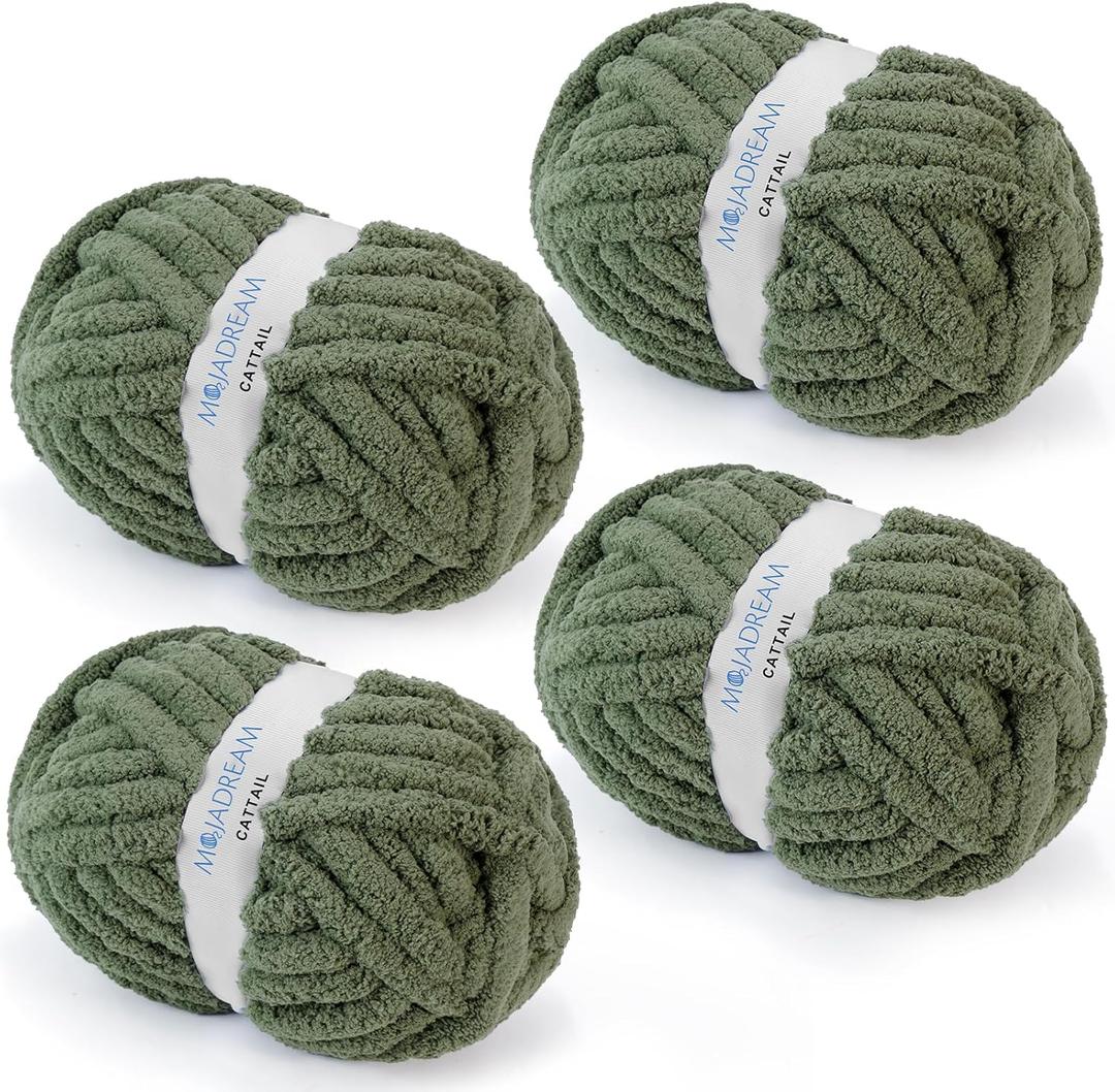 Chunky Chenille Yarn for Crocheting and Hand Knitting Blanket - Bulky Fluffy Jumbo Thick Yarn - Pack of 4 (4 Skeins, Each 28 Yds, 8oz) Olive Green