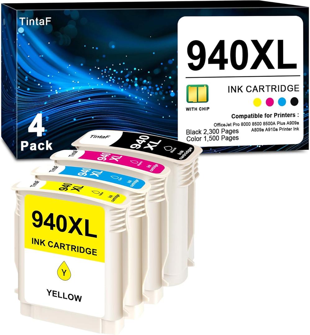 940XL 940 XL High Yield Ink Cartridge Combo Pack Replacement for HP 940XL Ink Cartridge for OfficeJet Pro 8000 8500 8500A Plus A909a A809a A910a Printer Ink (4-Pack, Black, Cyan, Magenta, Yellow)