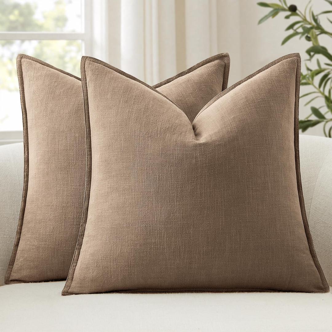 ANRODUO Pack of 2 Decorative Linen Pillow Covers Coco Brown Neutral Farmhouse Boho Soild Cushion Case Soft Accent Pillowcase for Couch Sofa Bedroom Living Room Summer Home Decor 20 x 20 Inch