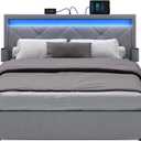 VASAGLE LED Bed Frame Queen Size, Queen Bed with Headboard and 4 Drawers, 1 USB Port and 1 Type C Port, Adjustable Upholstered Headboard 36.7/39.3 Inches, No Box Spring Needed, Light Gray URMB821G01
