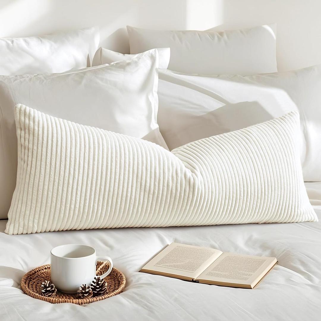 Artscope Cozy Striped Corduroy Lumbar Pillow Cover Super Soft Decorative Square Throw Pillow Covers Case Cushion Covers for Sofa Couch Bedroom Car Decor 14x36 Inch, Cream White