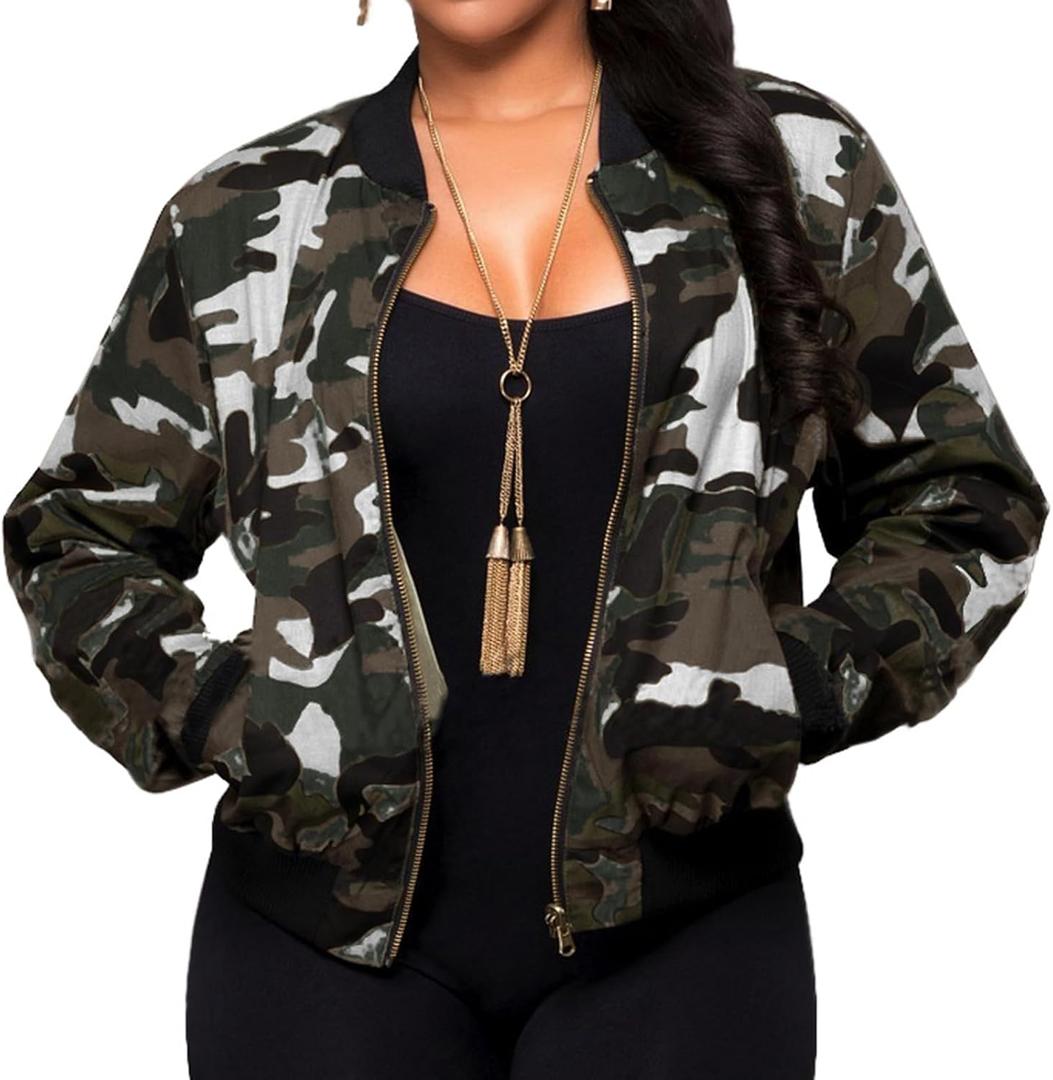 Sexycherry Jackets for Women Casual Long Sleeve Lightweight Coats Full Zip Up with Lining Pockets (4X-Large, White Green/Camo)