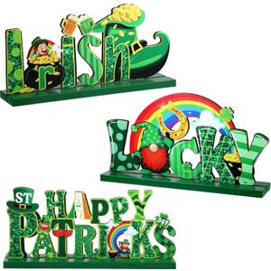 Sumind 3 Pieces St. Patrick's Day Table Decoration Shamrock Sign Centerpieces Leprechaun Decoration Wooden Irish Themed Decor for St. Patrick's Day Dinner Coffee Tier Tray, 7.87 x 4.72 Inch