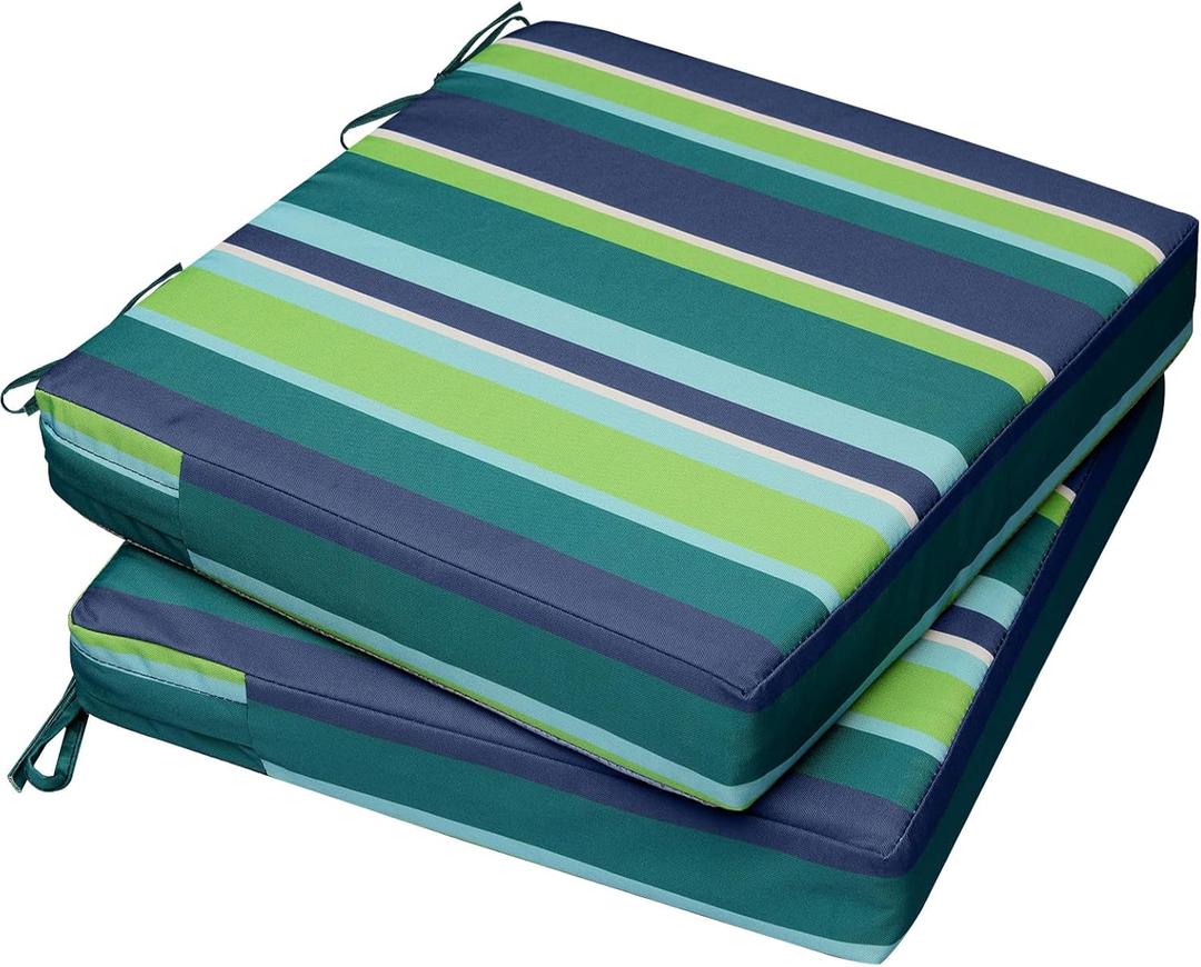 AAAAAcessories Outdoor Seat Cushions for Chairs, Waterproof, Fade-Resistant, 20" x 18" x 3", Patio Furniture Replacement Cushions, Set of 2, Stormy Teal Coastal Stripe