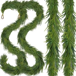 2 Pcs Artificial Norfolk Pine Garlands Christmas, 15 FT Dense Real Touch Winter Pine Garland Ornament, Green Artificial Greenery Garland for Table, Mantle, Wall, Indoor, Outdoor Christmas Decorations