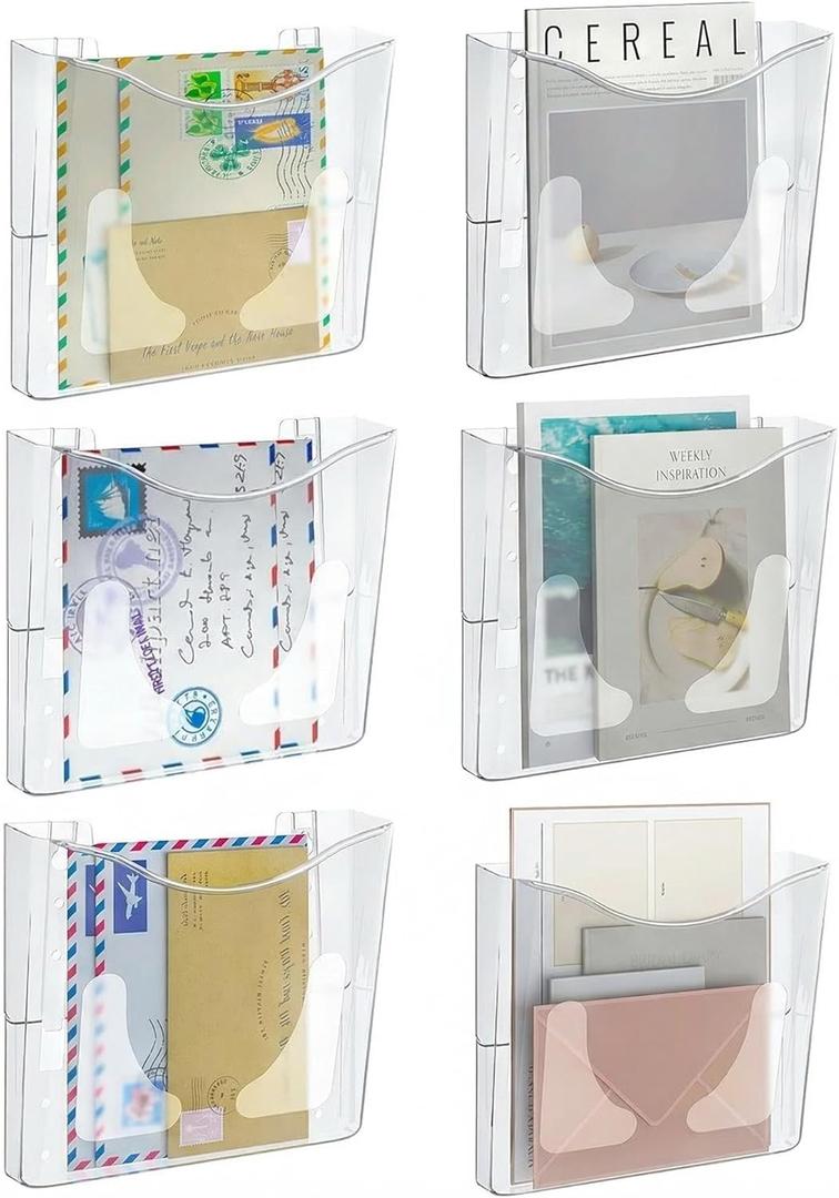 PAG 6-Pocket Clear Wall Mount File Organizer for Office, Vertical Hanging Document Paper Folder Holder for Home, Letter Size Mail Sorter, Transparent Magazine Literature Rack with Mounting Hardware