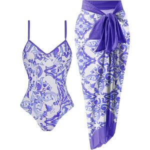Women's One Piece Swimsuit with Beach Cover Up Retro Floral Print Bathing Suits with Coverup Set Sarong Wrap Swim Suit 1 Piece Swimwear Set with Matching Skirt Blue White Floral Large Women's One Piece Swimsuit with Beach Cover Up Retro Floral Print Bathing Suits with Coverup Set Sarong Wrap Swim Suit 1 Piece Swimwear Set with Matching Skirt Blue White Floral Large