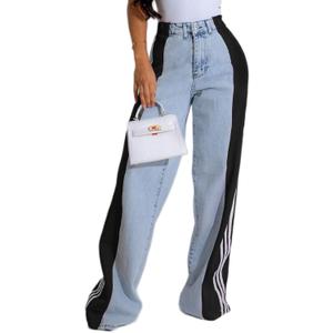 Angsuttc Womens Jeans with Patchwork Stripes High Waisted Stretchy Denim Color Block Straight Wide Leg Trendy Jean (X-Large, Light Blue Black)