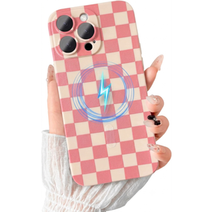 Magnetic for iPhone 15 Pro Max Case, Cute Checkerboard Checkered Pattern Aesthetic Gloss Phone Case with Full Lens Protection, Stylish Slim Soft TPU Protective Cover for iPhone 15 Pro Max, Pink