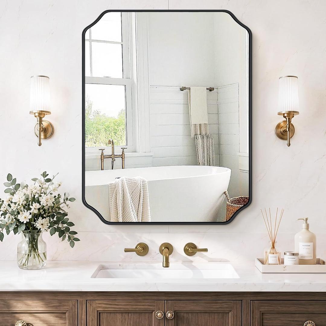 Vanity Bathroom Mirror, 24" x 30" Black Scalloped Mirror for Wall