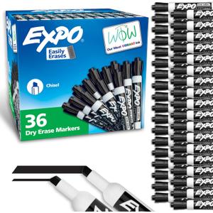 EXPO Dry Erase Markers Chisel Tip Black Low-Odor Perfect for Whiteboards Non-Porous Surfaces & Home Offices (Pack of 1 36 Count Total)