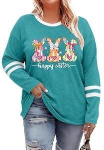 Plus Size Easter Shirts for Women Cute Bunny Rabbit Graphic Shirt Happy Easter Long Sleeve Tees Tops(Cyan, 4XL)