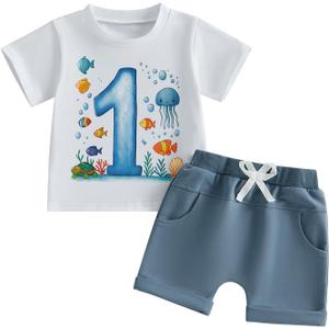 WZTYYDS Baby Boy First Birthday Outfit Number Animal Print Short Sleeve Tops & Shorts Sets 1st Birthday Outfit Summer Clothes (White)