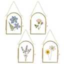 FOCHIER 4Pcs Double Glass Frame for Pressed Flowers Floating Hanging Photo Frame 3x2 in Brass Clear Pressed Flower Decor with Chain for Display Gallery Artwork, Horizontal Vertical, Gold