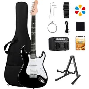 39in Full Size Electric Guitar Starter Kit, Solid Body Electric Guitar Set for Beginners with 10W BT Amp, Stand, Gig Bag, Strap, Strings, Tremolo Bar, 6 Picks and Online Lessons (Black)