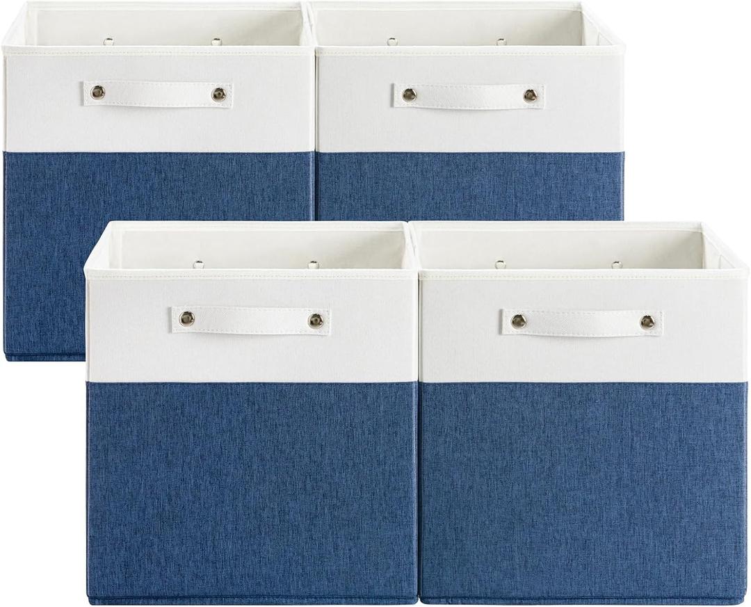 13 x 13 Inch Fine Linen Storage Bins with HandlesFabric Cube BoxsCollapsible Basket Organizers for Shelves for Home, Closet Drawers (White/Blue-4 Pack)