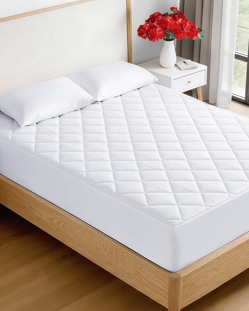 Quilted Fitted Mattress Pad Protector Full Size - Elastic Fitted Mattress Topper & Cover - Breathable, Soft, Low Profile Top Cover with 8-16 Inch Deep Pockets - Easy-Fit and Machine Washable - White