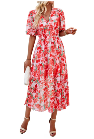 Spring Summer Floral Dresses for Women 2025 Chiffon Empire Waist Puff Sleeve Midi Beach Sundress Boho Vacation Outfits, XL