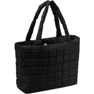 Quilted Tote Bag for Women, Lightweight Carryall Puffer Shoulder Bag Handbag for Travel, Work (Black)