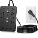 JouleLoom 10 FT Flat Plug Surge Protector Power Strip,11 Multiple AC Outlets with 6 USB Ports (2 USB C), 10 Feet Extension Cord, 1250W/10A, One Touch Switch Button, 17 in 1 Compact powerstrip