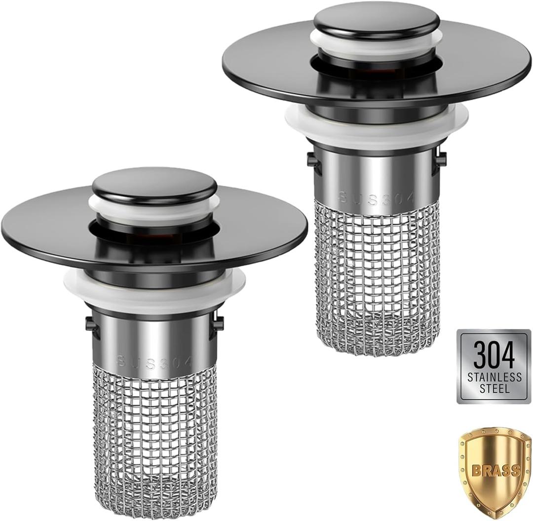 Sink Stopper Hair Catcher,(2PCS) Pop-up Sink Drain Strainer with Removable Stainless Steel Strainer Basket Hair Catcher, Bathroom Sink Strainer for Bathroom Sink Stopper Replacement (2, Matte Black)