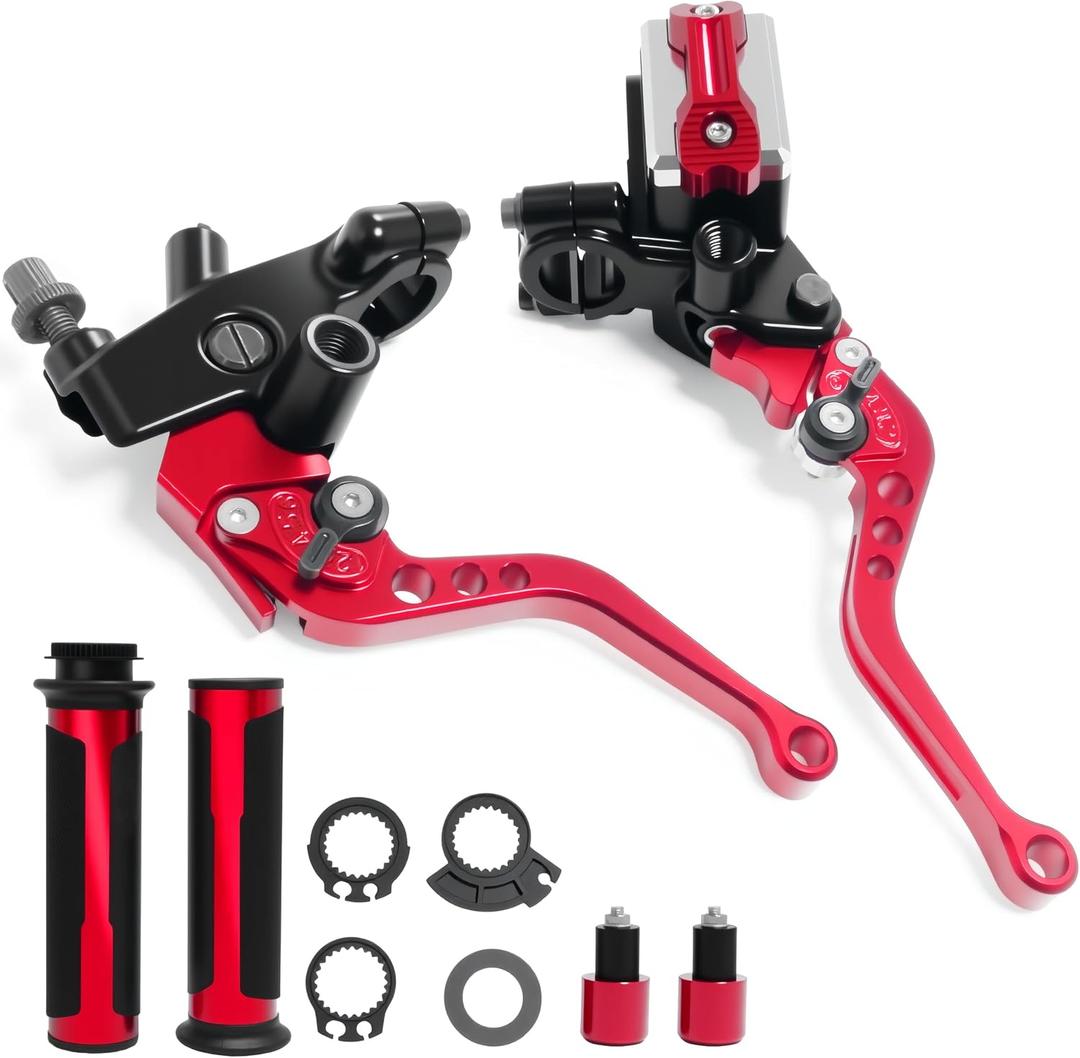 7/8" 22mm Motorcycle Brake Lever Handlebar Master Cylinder Clutch Levers Left & Right Set + Hand Grips + Handlebar Ends Set for Honda Kawasaki Suzuki Yamaha (Red)