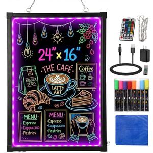 Slsy LED Writing Board 24"x16", Erasable Light-Up Message Display, 12 Colors & 26 Modes, Reusable LED Menu Sign with 8 Markers for Doodle, Illuminated Sign Board for Restaurants, Bars, Classrooms